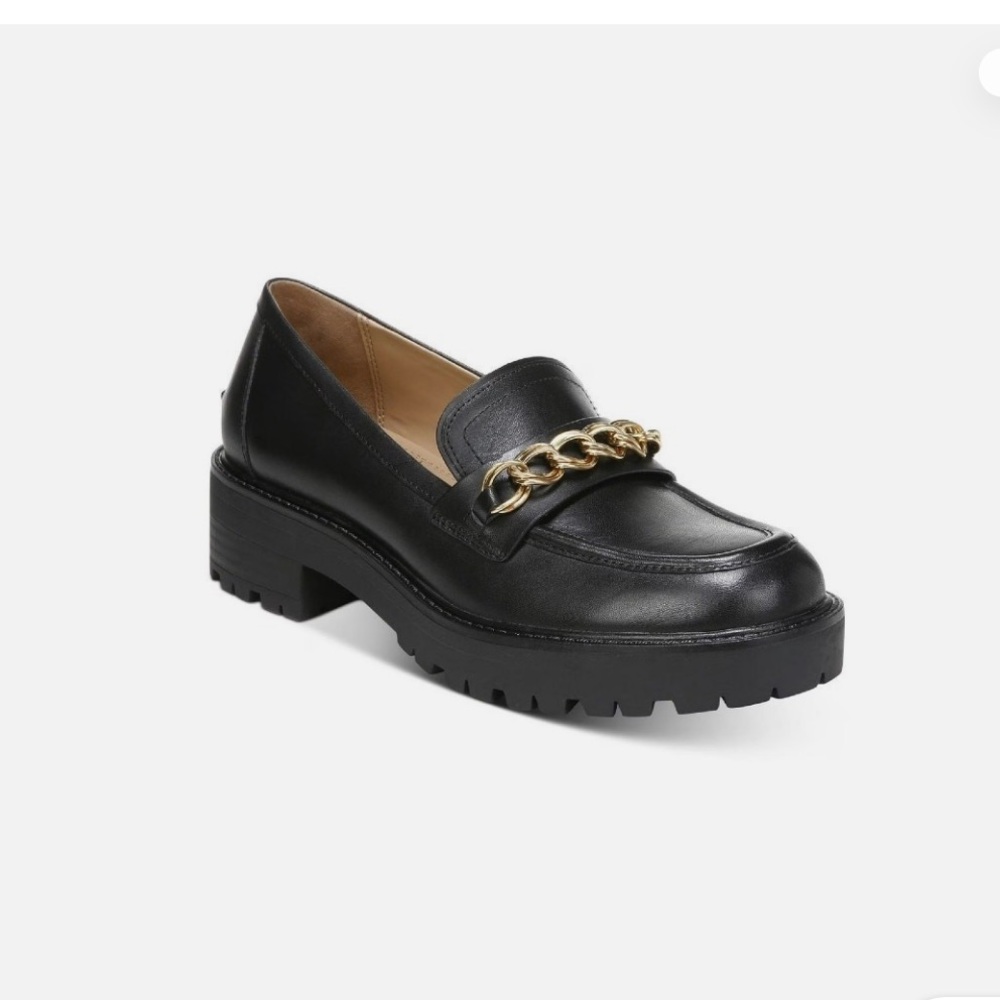 Sam Edelman Taelor Black Leather Loafers with Gold Chain Accent. Size 7 1/2